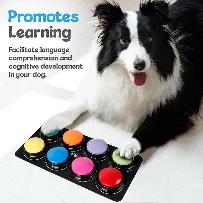A-URA Dog Talking Buttons for Communication – 8 Recordable Dog Buttons with Anti-Slip Mat, Word Stickers, Training Guide & Video | Dog Communication Buttons for Potty Training, Daily Needs & Behavior