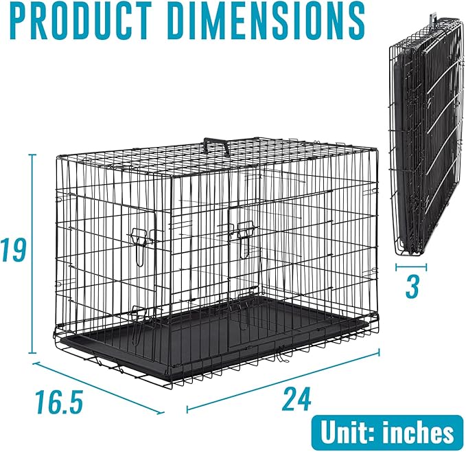 FDW 24-Inch Dog Crate for Small Dogs, Double Door Folding Metal Wire Pet Kennel with Divider Panel & Leak-Proof Plastic Tray, Black