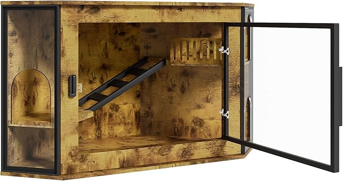 48" Corner Cat Litter Box Enclosure, Modern Hidden Cat Cabinet with Acrylic Door, LED Light & Playground, Multi-Level Cats House with Stairs, Corner Furniture for Small Apartments, Brown