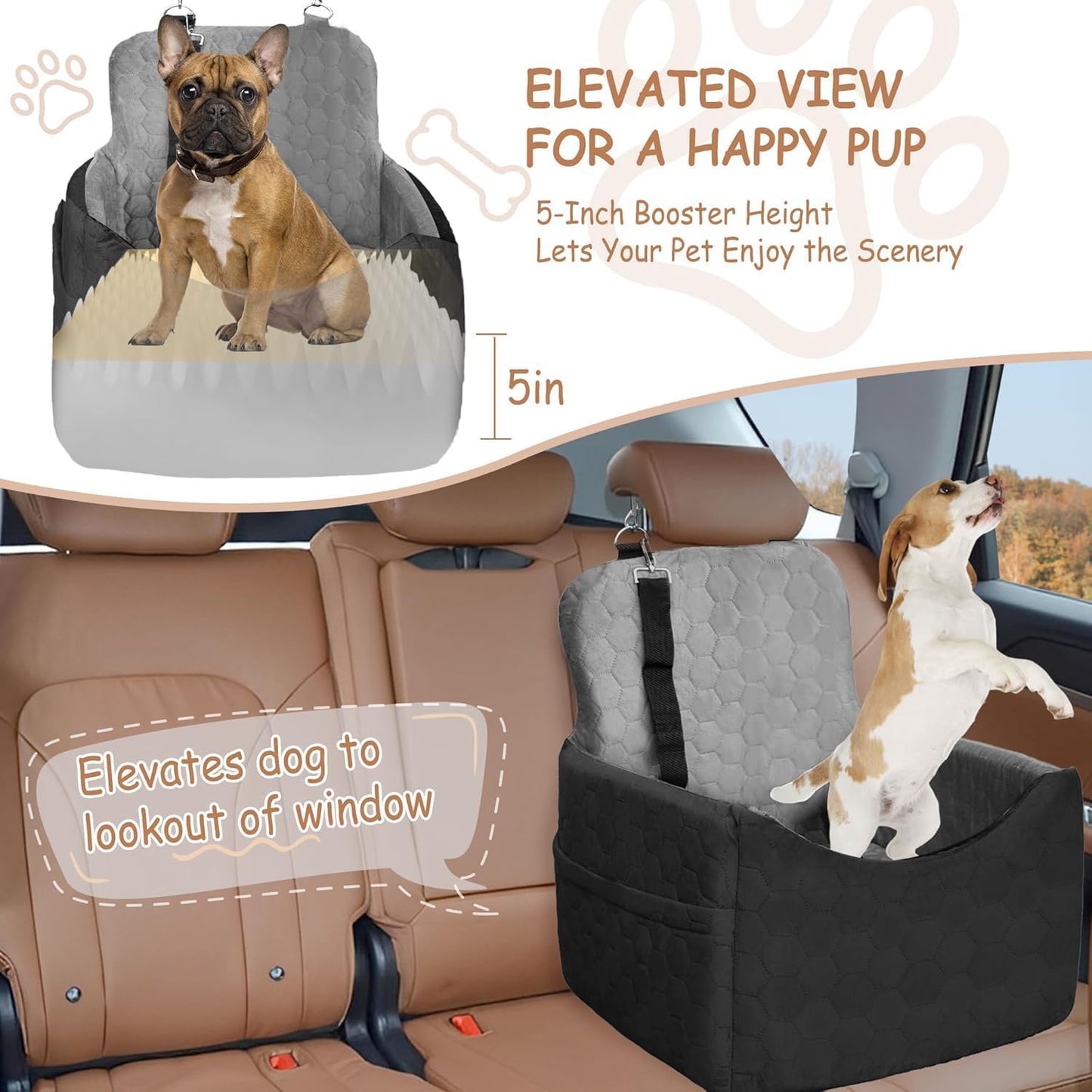 Dog Car Seat for Small/Medium Dogs - Dog Booster Seat with Safety Straps & Non-Slip Base, Travel Pet Car Seat with Storage Pockets, Washable & Removable, Suitable for Dogs Under 35 lbs (Black&Gray)
