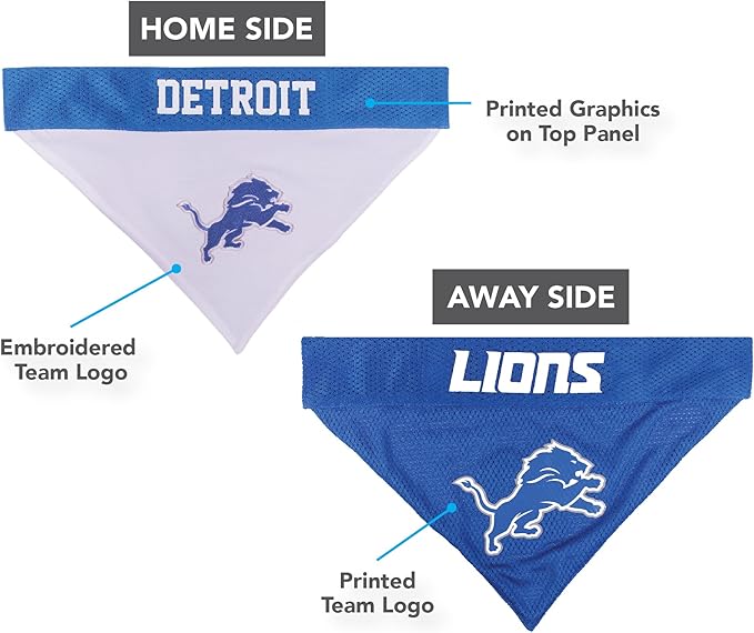 NFL DOG BANDANA - DETROIT LIONS REVERSIBLE PET BANDANA. 2 Sided Sports Bandana with a PREMIUM Embroidery TEAM LOGO, Small/Medium. - 2 Sizes & 32 NFL Teams available