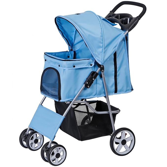 4 Wheels Foldable Pet Dog Cat Jogger Stroller Travel Carrier Strolling Cart w/Waterproof Cover Storage Basket Cup Holder & Removable Liner for Medium Small Cat Dog, Blue