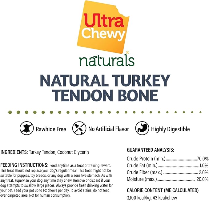 Ultra Chewy Turkey Tendon Knotted Bones for Dogs - Premium All-Natural, Hypoallergenic, Long-Lasting Dog Chew Treat, Easy to Digest - Ingredient Sourced from USA (3.5 Inch - 6 Pack)