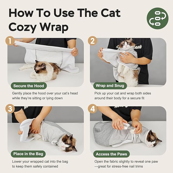 Cat Wrap for Cutting Nails, Self-Adhesive Cat Nail Clipping Restraint Bag, Anti-Scratch Cat Grooming Wrap Swaddle for Meds, SubQ Fluids, Ear Cleaning, Teeth Brushing & Vet Visits,Grey,M