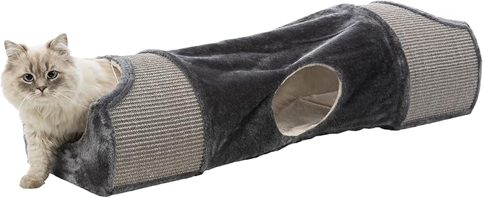 Trixie Cuddly Condos and Tunnel for Cats - Indoor Cat Furniture with Play Condos, Hideaway Tunnel, Dangling Cat Toys - Sisal Scratching Surface - Collapsible Design for Easy Storage, Gray