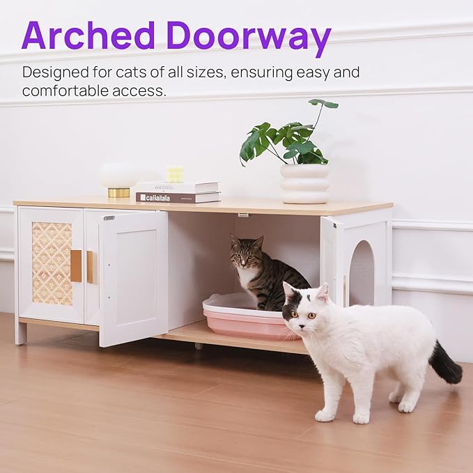 Large Boho Cat Litter Box Enclosure for 2 Cats, Hidden Cat Washroom Furniture with Rattan Doors, Dual Compartment Litter Cabinet & TV Stand, Modern Wooden Cat House (47.2”L x 19.6”W x 19.8”H)