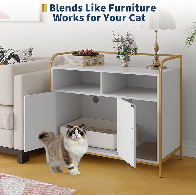 Garvee Cat Litter Box Enclosure Furniture Wooden Hidden Indoor Cat Washroom House Cabinet with 2 Open Compartments Scratching Mat Double Door Storage Cabinet Front Entry Air Vents Metal Frame
