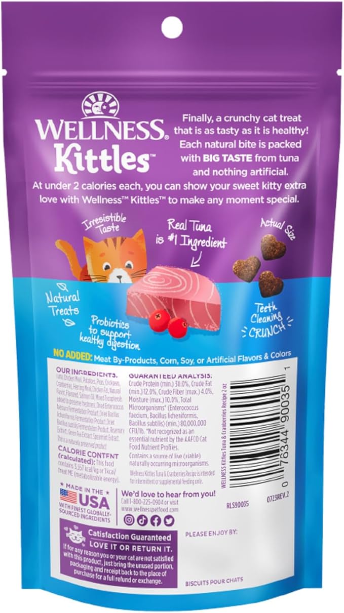 Wellness Kittles Crunchy Cat Treats, All Lifestages, Kitten to Senior, Natural, Grain Free, Tuna and Cranberry Flavor, 2 oz Bag