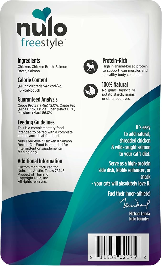 Nulo Freestyle Cat & Kitten Wet Cat Food - Chicken & Salmon in Broth, Grain-Free, High Protein Soft Food Topper Treat, 2.8oz Pouches (Pack of 24)