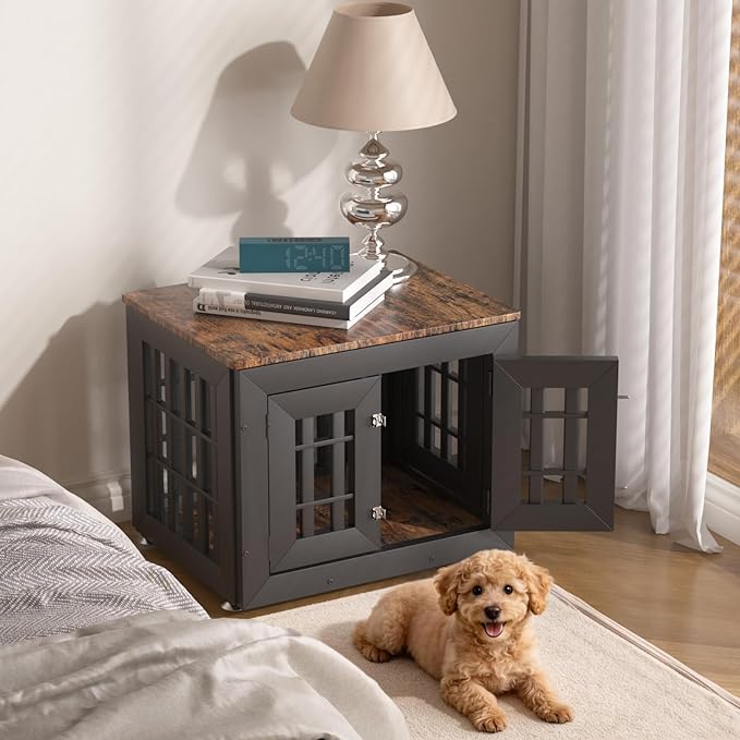 Snuowu 26" Heavy-Duty Dog Crate Furniture for Small/Medium Dogs, Rustic Wooden Dog Cage Kennel Indoor Furniture, Decorative Pet House End Table, Black & Wood