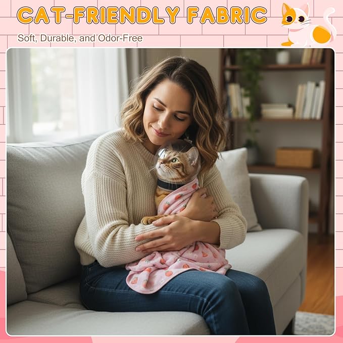 Chunful Cat Muzzle for Grooming, Cat Helmet and Wrap for Cutting Nails, M Size Adjustable Mask, 27.6" Anti-Escape Calming Swaddle Cloth, Bathing Shaving Anti-Scratch Pet Tools(Strawberry)