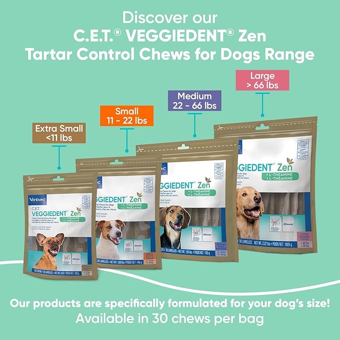 Virbac C.E.T.® VEGGIEDENT® Zen Tartar Control Chews for Dogs - Multifunctional to Support Mental Well-Being, VOHC Approved - Large Dogs Over 66lbs