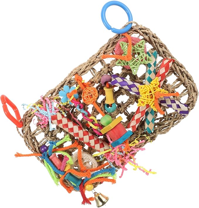 Mikikit Parrot Cage Hanging Grass Foraging Mat Bird Chew Woven Natural Seaweed Hammock for Large Parrots and Parakeets in Cage