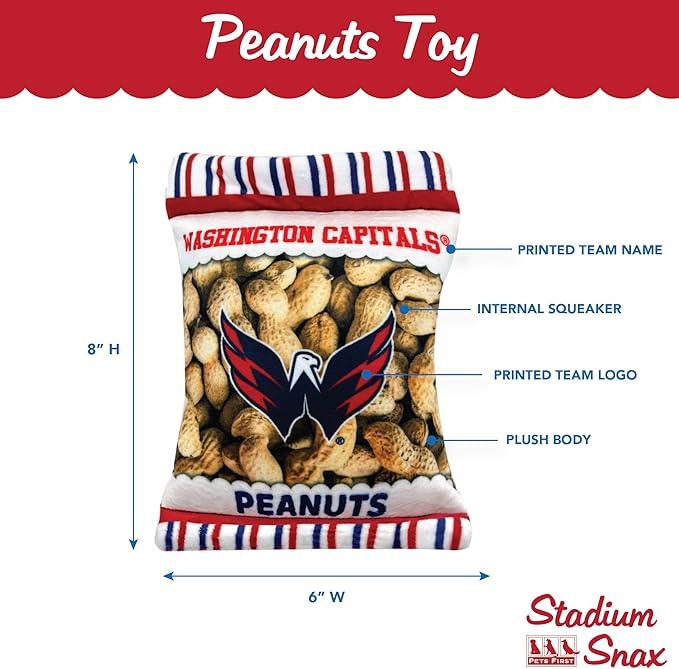 Pets First NHL Washington Capitals Crinkle Fine Plush Dog & Cat Squeak Toy - Cutest Stadium Peanuts Snack Plush Toy for Dogs & Cats with Inner Squeaker and Beautiful Hockey Team Name/Logo