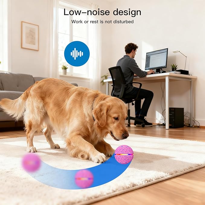 Interactive Dog Toys: Self Rolling & Bouncing Ball to Keep Them Busy, 3 Modes, Type-C Fast Charging, Durable E-TPU & IP54 Waterproof - Best for Small/Medium Breeds & Puppies (Pink)