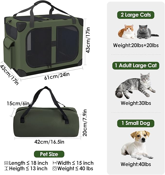 Extra Large Cat Carrier for 2 Cats, XL with Removable Divider, Foldable Soft-Sided Pet Carrier with Storage Tote, Portable Travel Crate for Large Cats, for Car & Home Use, 24" x 17" x 17"