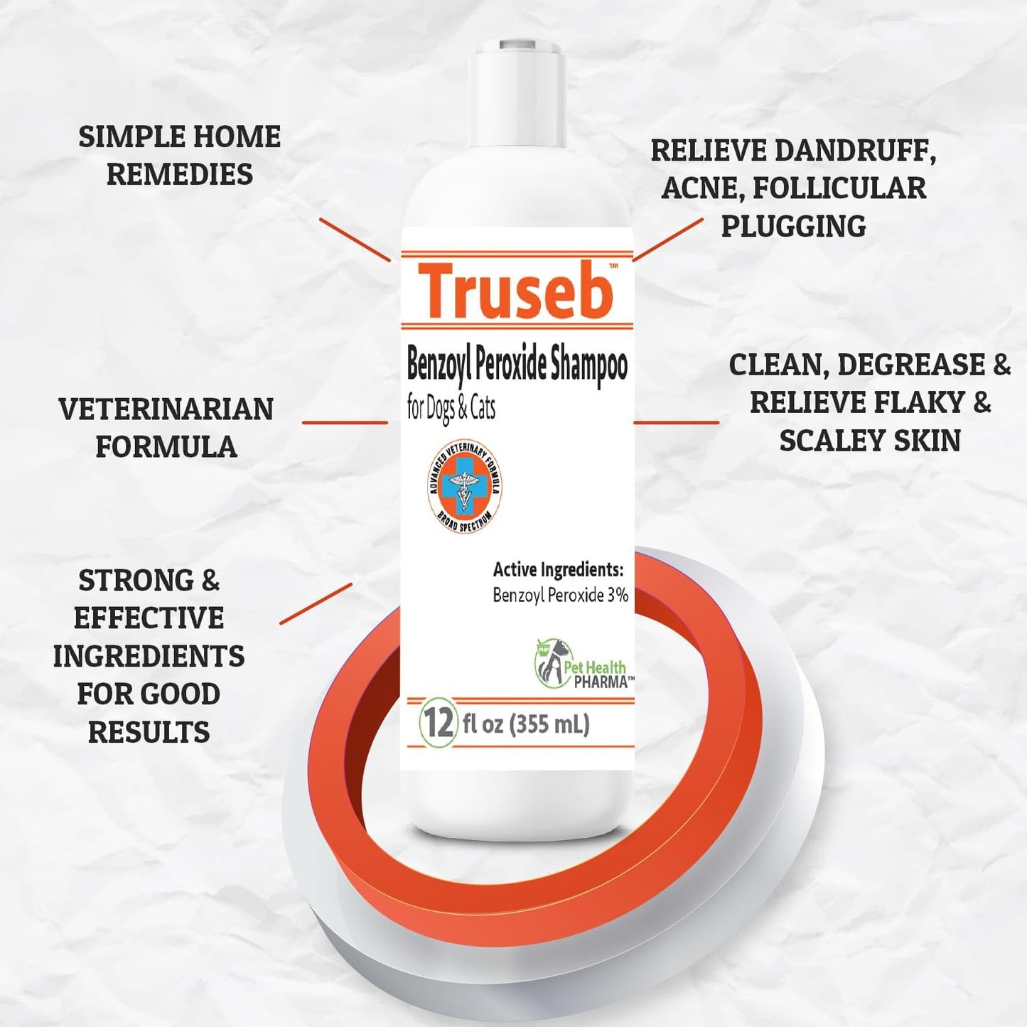 Truseb | Benzoyl Peroxide 3% Shampoo for Dogs,Cats and Horses (3% Benzoyl Peroxide Shampoo, 12 oz)