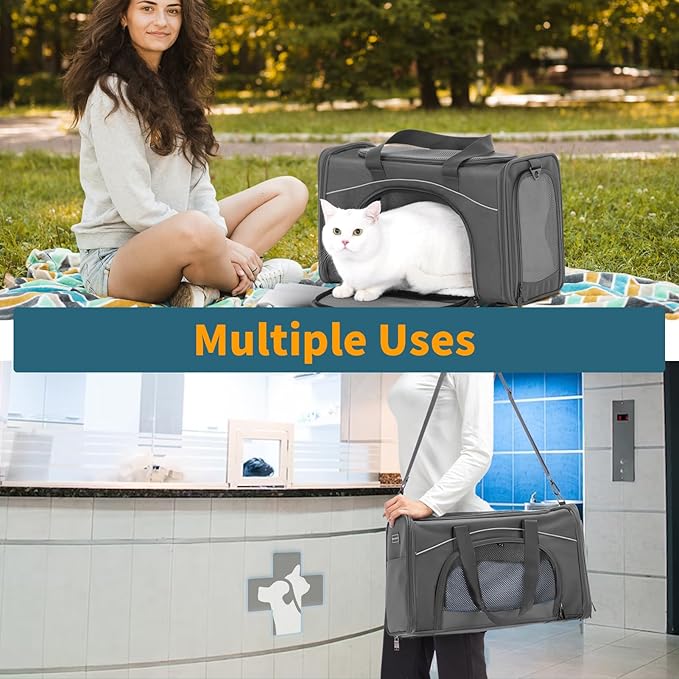 Petsfit Airline Approved Pet Carrier for Small Cats, 15x8x10 TSA Approved Carrier, with Removable Dual-Sided Padding (2-Way Placement) - Fits Under Most Airplane Seats, Escape Proof (Grey)