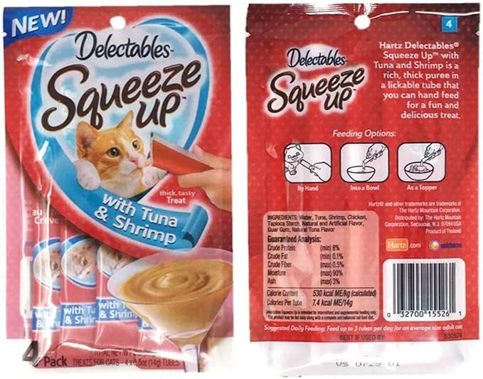 Delectables Squeeze Up Hartz Cat Treats Bundle of 4 Flavor Pouches, 2.0 oz Each (Tuna & Shrimp)