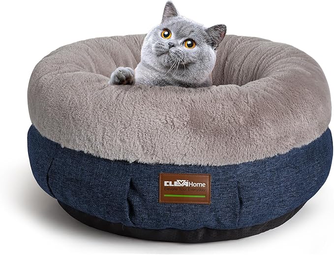 ClevaHome Calming Soft Plush Donut Cat Bed, Fluffy Round Cat Bed for Indoor Cats, Washable Kitten Bed with Plush Faux Fur, Anti-Slip Bottom, Denim Grey