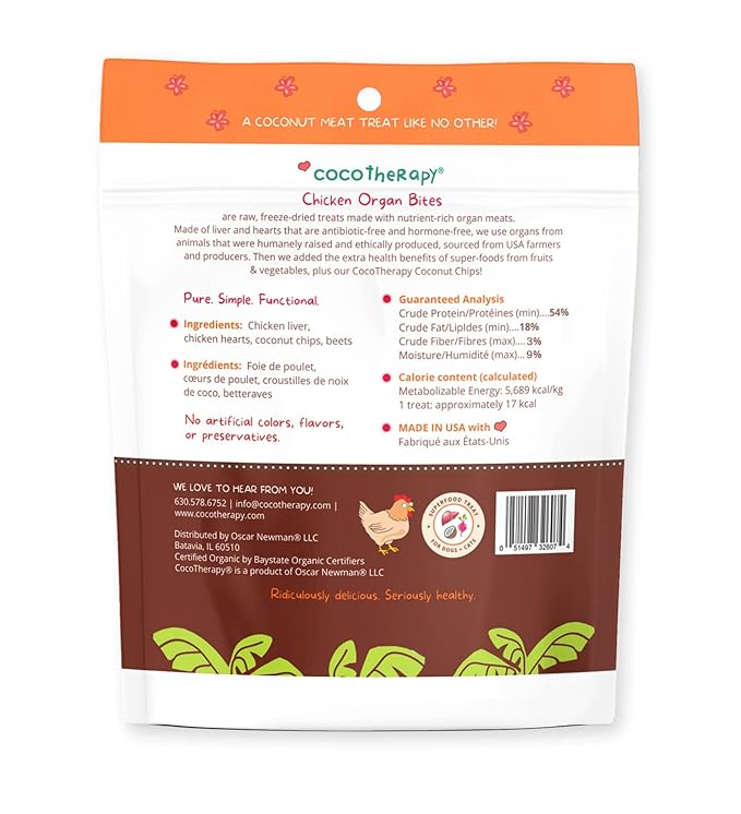 CocoTherapy Organ Bites! Dog and Cat Treat (Chicken + Beet) 3 Oz.