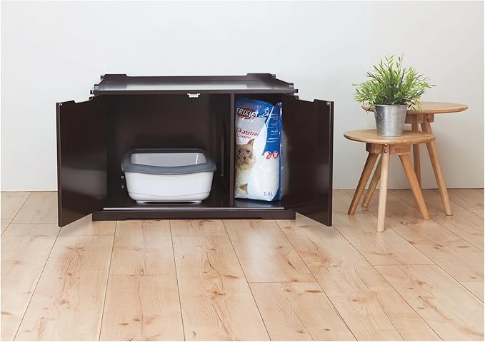 Trixie XL Furniture Litter Box Enclosure (Espresso Brown), Hidden Litter Box for Cats with Openings on Either Ends & Large Ventilations Slots, Double Doors for Easy Cleaning, Removable Divider