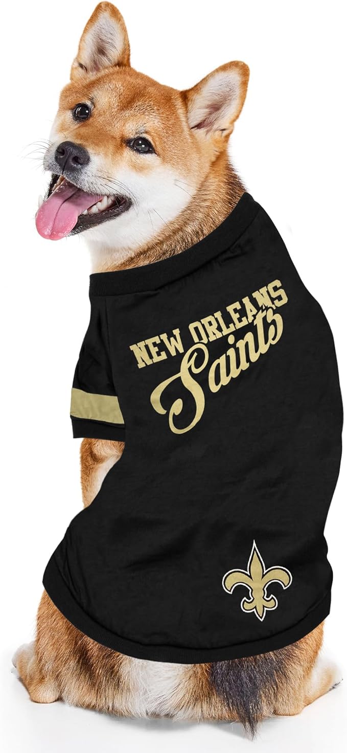 NFL New Orleans Saints T-Shirt for Dogs & Cats, Medium. Football Dog Shirt for NFL Team Fans. New & Updated Fashionable Stripe Design, Durable & Cute Sports PET TEE Outfit