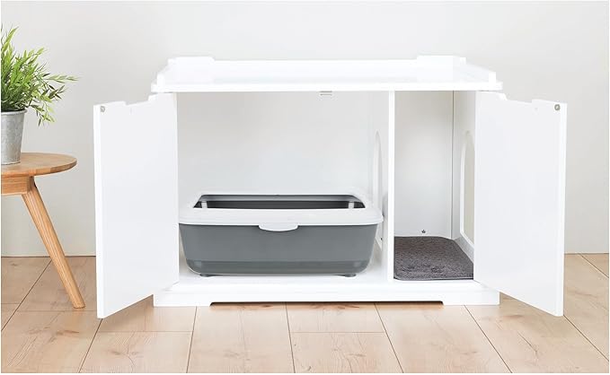 Trixie XL Furniture Litter Box Enclosure (White), Hidden Litter Box for Cats with Openings on Either Ends & Large Ventilations Slots, Double Doors for Easy Cleaning, Removable Divider