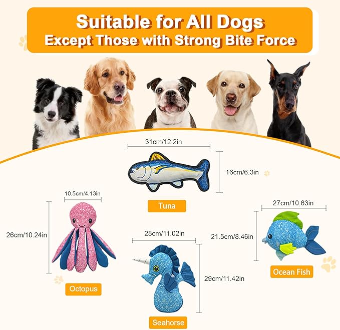 Recycled Canvas Seahorse Squeaky Dog Toy for Chewers Puppy Teething Chew Toy Cute Hippocampus Stuffed Animal Durable Interactive Dog Squeak Toy for Small Medium Large Dogs Toy Gift 29cm/11.42in