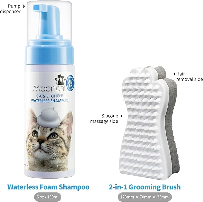 Mooncat Waterless Cat Shampoo + 2-in-1 Cat Bath Brush Set, No Rinse Dry Foam Bath for Short Hair Cats & Kittens, SGS-Tested Lick-Safe, Veterinarian Approved & pH-Balanced, Brush, 5 oz