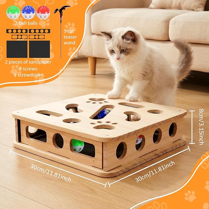 2026 Cat Scratch Puzzle Enrichment Box, Cat Nail File Enrichment Box, Includes Replacement Sandpaper, 3 Bell Balls & 1 Teaser Wand,Wooden Puzzle Treat Toy Box Stimulate Cat Instincts for Bored Cats