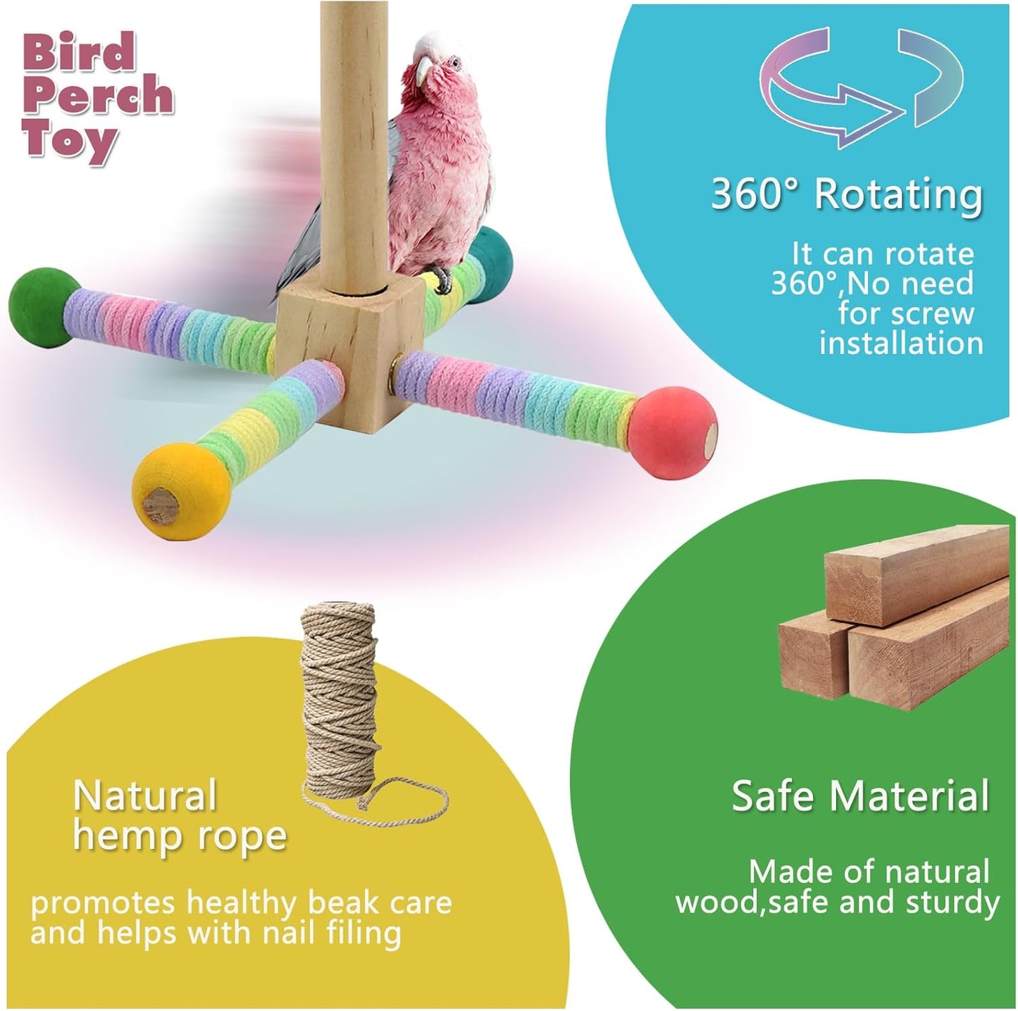 Upgraded Parrot Perch Toy,Rotating Bird Perch Stand with Chew Ball Toy for Small&Medium Birds,Bird Cage Accessories for Parakeets Cockatiels Lovebirds Conures Finches Budgies