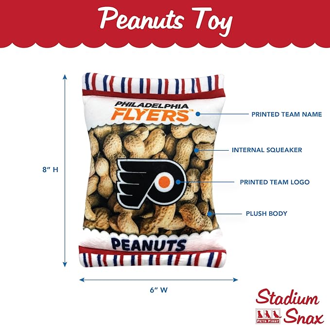 Pets First NHL Philadelphia Flyers Crinkle Fine Plush Dog & Cat Squeak Toy - Cutest Stadium Peanuts Snack Plush Toy for Dogs & Cats with Inner Squeaker and Beautiful Hockey Team Name/Logo