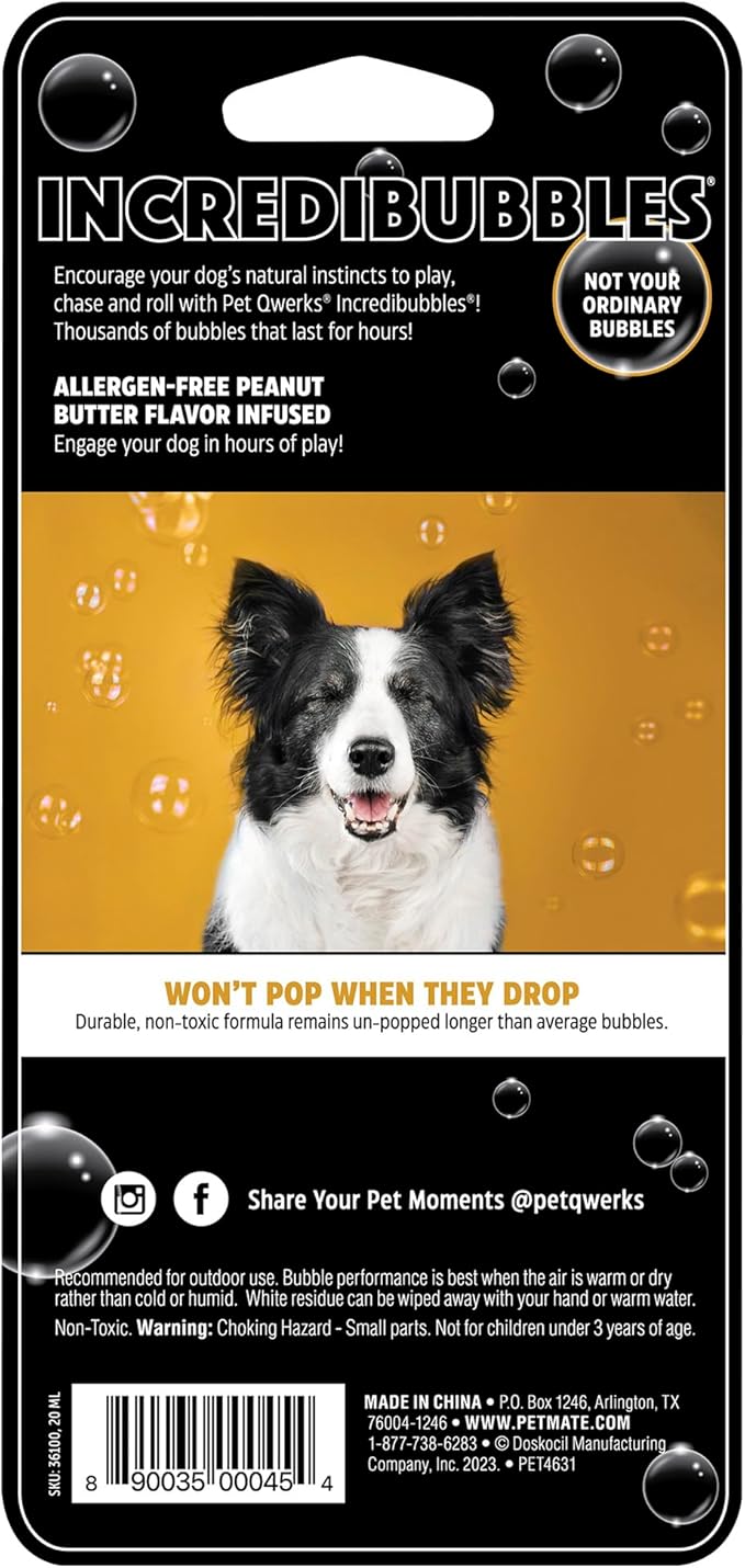 Pet Qwerks Incredibubbles Interactive Pet Toys - Long Lasting Edible Bubbles for Dogs & Cats - Peanut Butter Flavor - 20 ML, All Breed Sizes