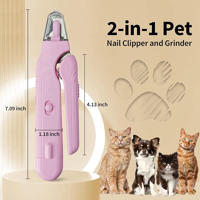 2-in-1 Dog & Cat Nail Clippers and Grinder with Light, Safety Guard, Painless Quiet Pet Nail Claw Trimmers, USB Rechargeable Pet Nail Trimmer, for Large Medium Small Dogs Cats Claw Trimmer, Pink