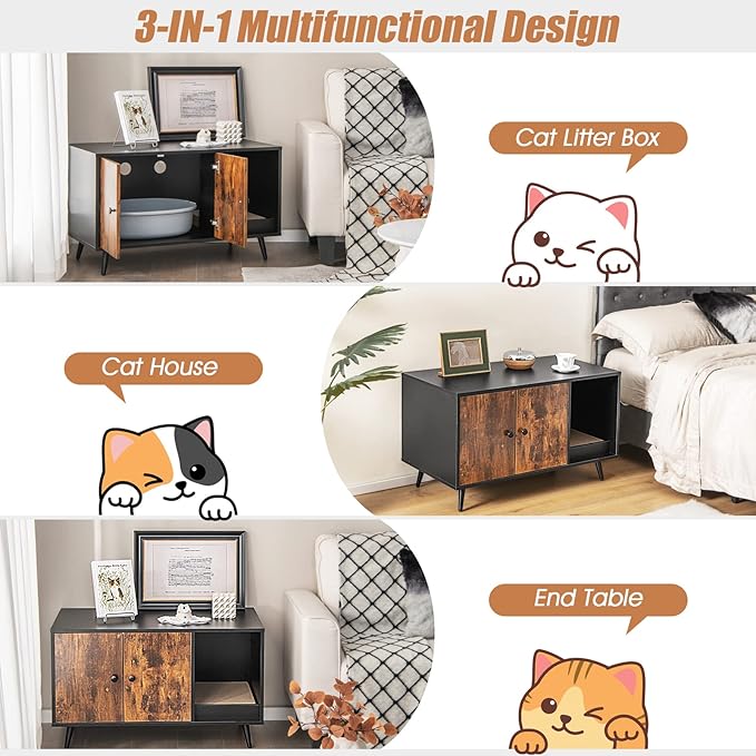 PETSITE Litter Box Enclosure, Wooden Hidden Litter Box Furniture with Cabinet & Scratching Pad, Stackable Cat Washroom Pet House End Table