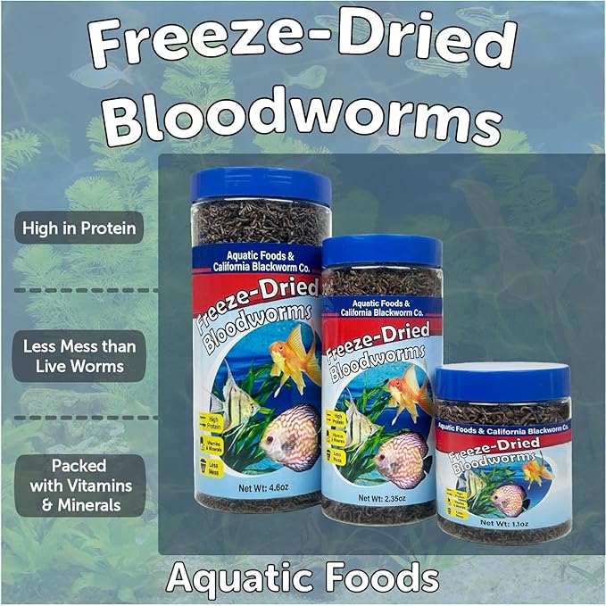 Bloodworms, Grade A Freeze Dried Floating Bloodworms for Cichlids, Discus, Goldfish, Bettas, Angel Fish, Marine Fish, 12-Type Pellet Mix & 4-Type Wafer Mix Included..1.0oz Canister