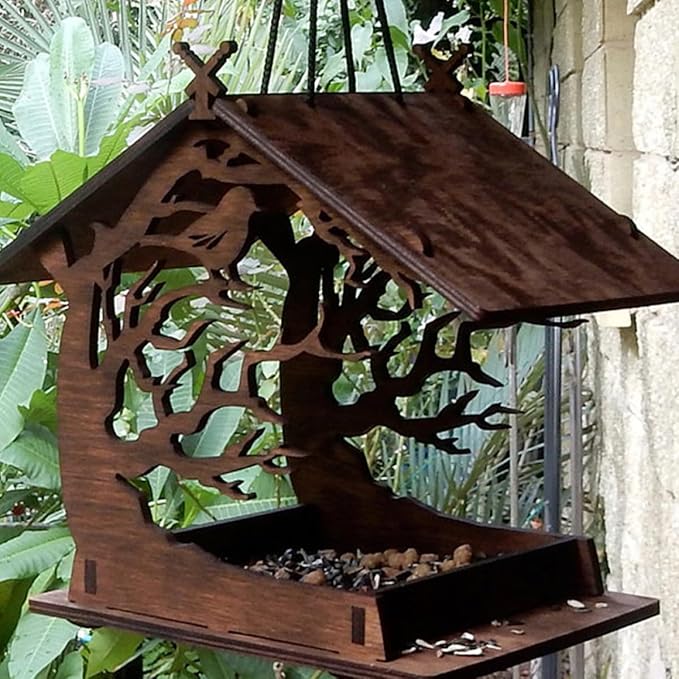 Milisten Wooden Decorative Bird Feeder House with Hanging Bird Food Container for Garden Outdoor Nesting and Wildlife Feeding, Brown Wood DIY Birdhouse for Backyard Birding