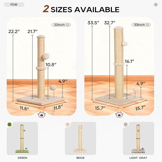 FDW 22 Inch Cat Scratching Post, Natural Sisal Cat Pole with Hanging Ball for Kittens & Small Indoor Cats, Sturdy Base, Beige