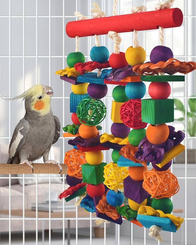 DBNESS Bird Toys, Parakeet Chewing Toy, Multicolored Natural Wooden Blocks Birds Parrot Tearing Toys mit Rattan Wicker Balls, for Medium Small Macaw Cockatoos Budgie Lovebird Cockatiel Conures