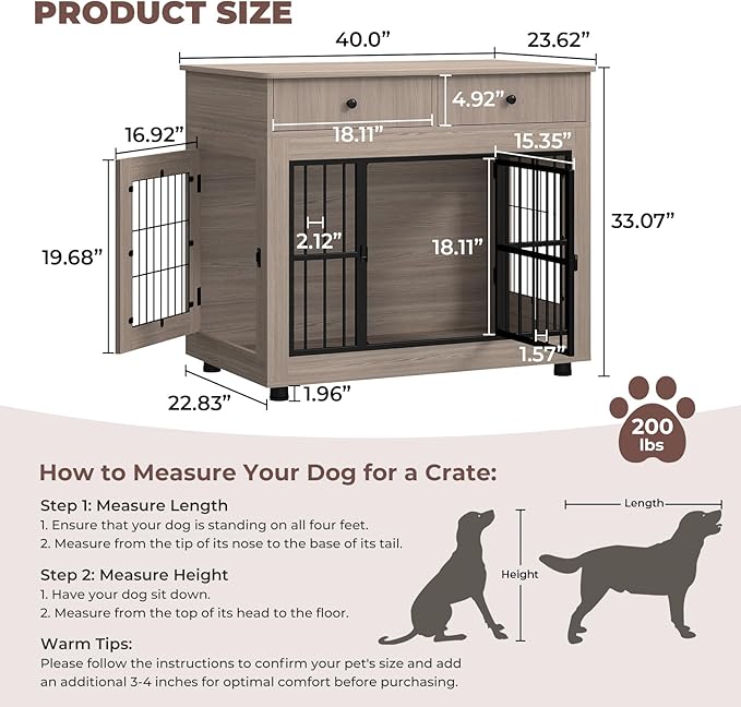 40 inch Dog Crate Furniture-Farmhouse Dog Kennel with Drawers-Heavy Duty End Table Wooden Pet Crate, Decorative Dog House Indoor for Small Medium Large Dog, Oak Grey