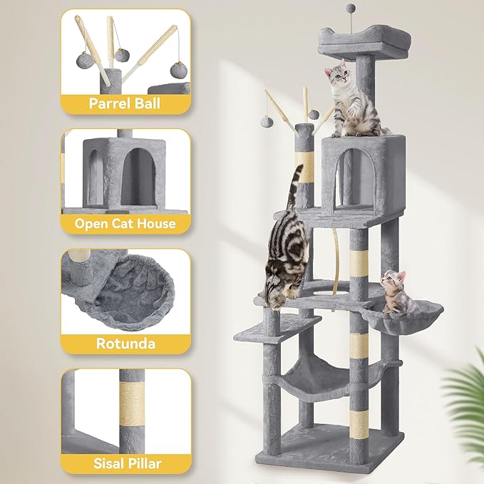 DWVO 64.5" Tall Cat Tree, Multi-Tier Cat Condo with Hammock, Scratching Posts & Play Balls for 2-3 Cats (Light Gray)