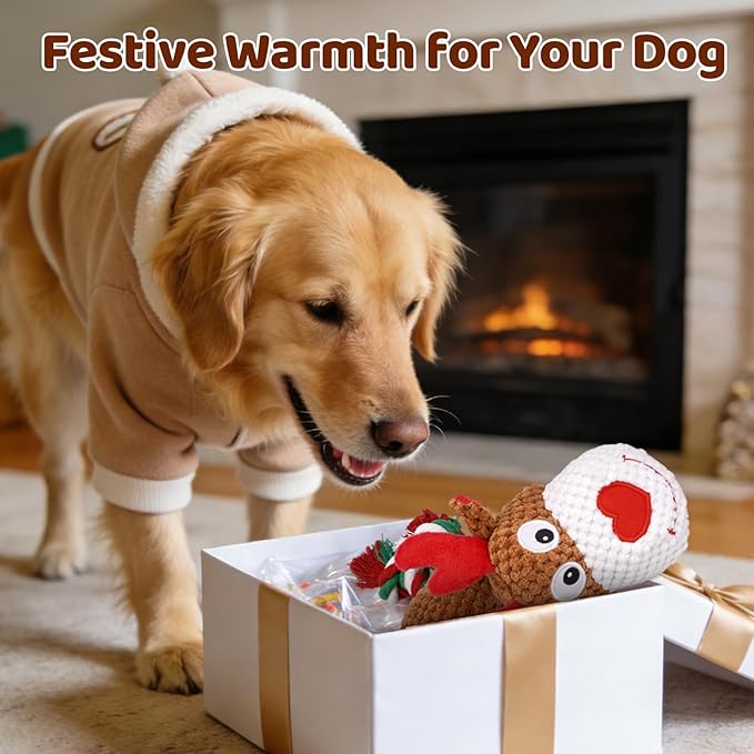 Plush Rope Reindeer Dog Toy – Durable Squeaky Tug Toy for Small, Medium Dogs, Interactive Chew & Fetch Puppy Toy