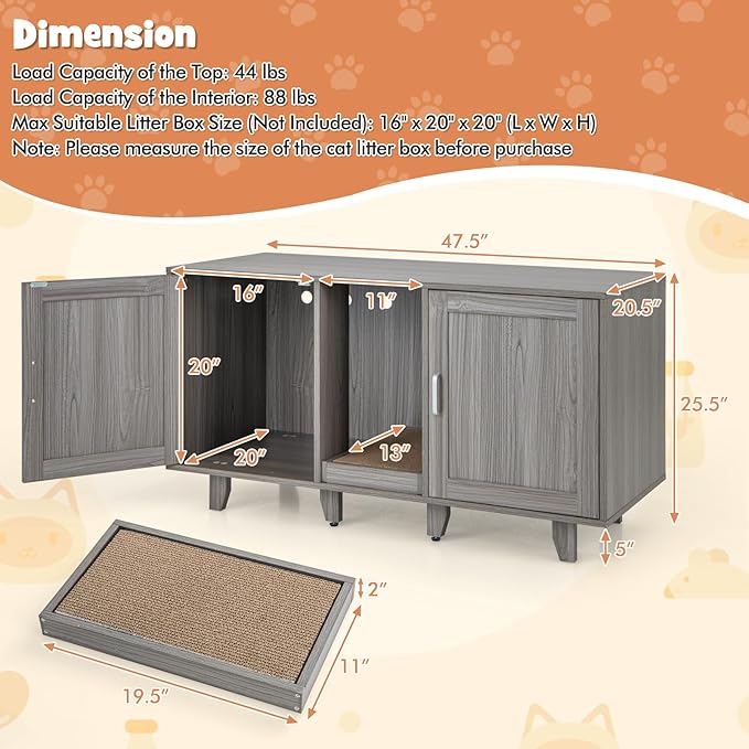 Giantex Cat Litter Box Enclosure - Cat Washroom Hidden Furniture, 2 Storage Cabinets, Removable Cat Scratcher, Air Vents, Detachable Legs, Wood Pet Crate Indoor Cat House TV Stand (Gray)