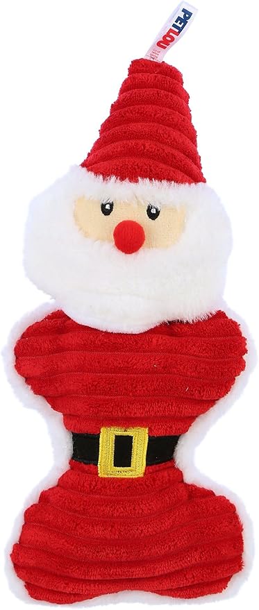 Petlou Holiday Plush Pet Squeaky Toys for Dogs and Cats in Different Size (Christmas Red, 10" Christmas Bone - Santa)