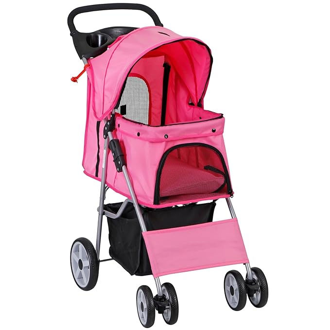 4 Wheels Foldable Pet Dog Cat Jogger Stroller Travel Carrier Strolling Cart w/Waterproof Cover Storage Basket Cup Holder & Removable Liner for Medium Small Cat Dog, Pink