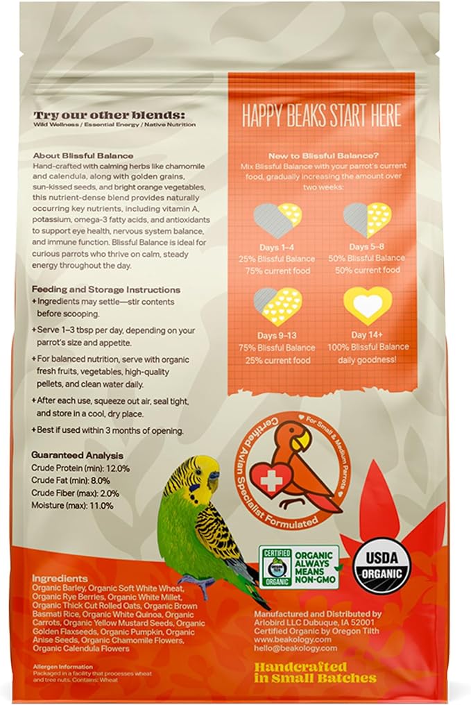 Blissful Balance Organic Parakeet Food, USDA Certified, Non-GMO, for Parakeets and Budgies, 2 lbs