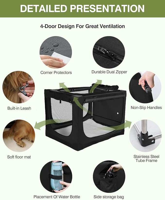 24 x 17 x 17 Inch Collapsible Soft Dog Crate for Dogs Up to 30 lbs, Portable Travel Pet Kennel with 4 Zip Doors, Foldable Indoor Outdoor Crate with Mat, Carry Bag, Black