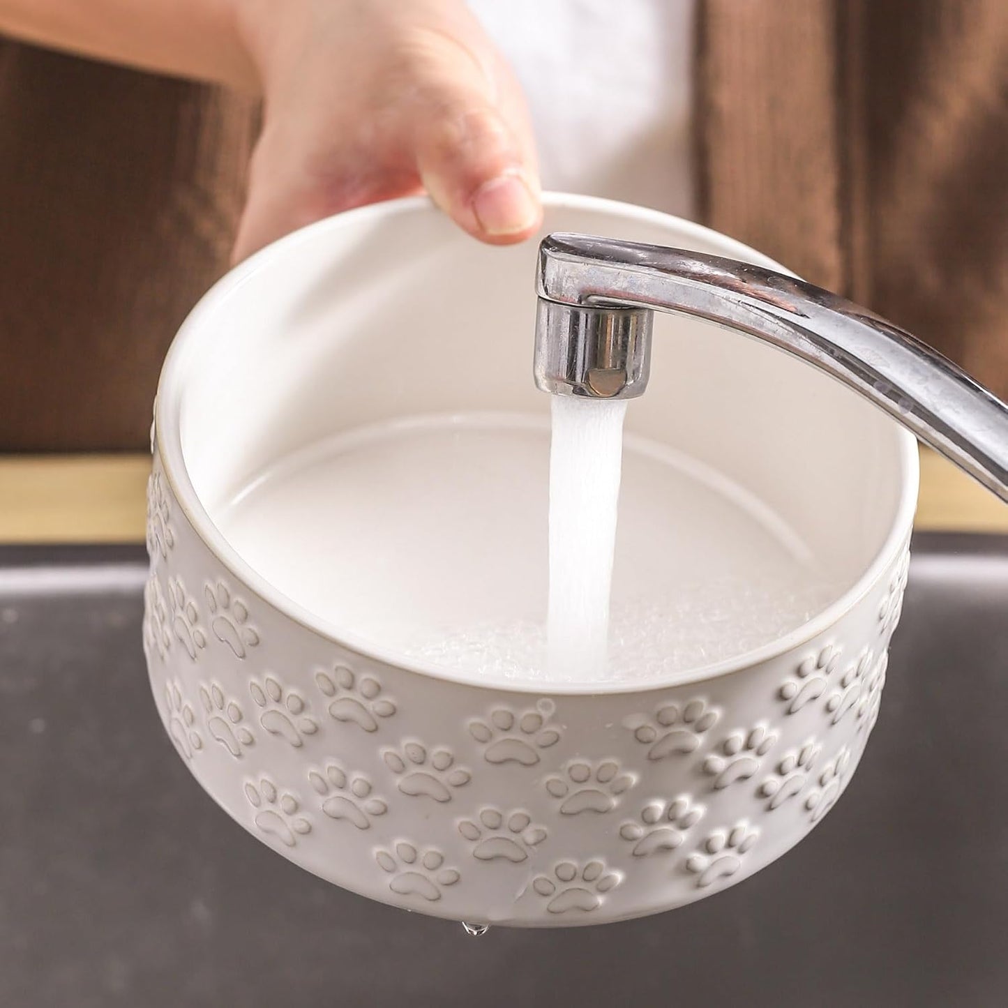 UBEE Ceramic Dog Bowl Set of 2, 5.1 inch Dog Food Bowl Dish with Bone or Paw Pattern, Pet Food Water Dish Feeding for Small Dogs and Large Cat, White