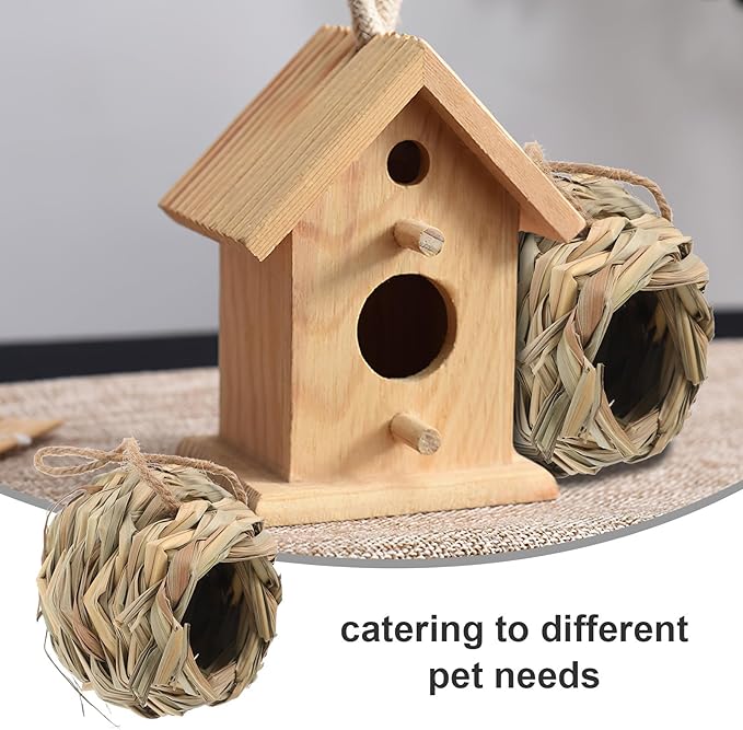 Mipcase Hand-Woven Straw Hamster Hideout and Bird Nest Small Animal Shelter Natural Straw Hut for Hamsters and Birds Cage Accessory Habitat